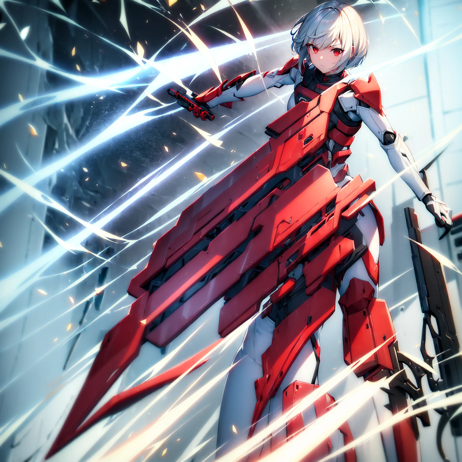 (girl)(white short hair)(red eyes)(Driving exoskeleton armor)(Cool battle scenes)(The blade flickers)(Fierce clash of weapons)(Injuried)(battle Mask)(In the hail of bullets)(in combat)(night)4K