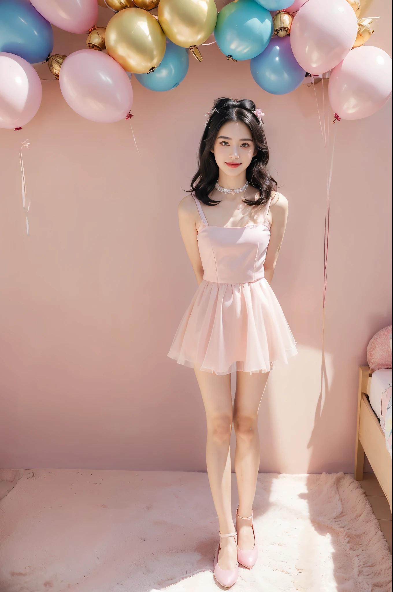 (((best quality))),(((ultra detailed))),(((masterpiece))),illustration,((1girl,solo)),(shoulder-length straight bob:0.8),(black hair:1.3),((bright eyes,flawless skin)),((slim,thin)),((small breasts,flat chest)),(dog collar with a bell:1.2),(pink sheer dress:1.3),(slender legs:1.2),(loafers:1.2),sweetheart neckline,innocent yet alluring,(In a pink princess theme bedroom:1.3),(standing:1.3),(arms behind back:1.3),(colorful gift box:1.3),wonderful expression,big bows,festive atmosphere,balloons and streamers,sunlight streaming in,radiant smile,anticipation,joy and excitement,capturing a moment of pure happiness,((from front,full body))