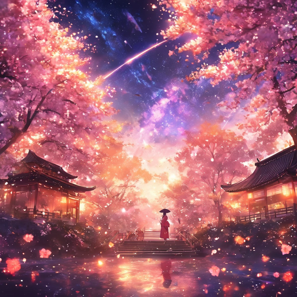 masterpiece, Concept Art, Panorama, in the center, shape, Wide Shot, flower garden, night, stardust, (meteor), Space galaxy background, (Great composition, Epic scale), Dynamic Lighting, Bright colors, cherry blossoms,A girl wearing a kimono,garden