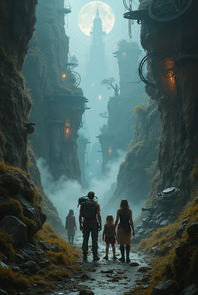 ((steampunk style)), (mechanisms), fantasy, gear decoration, 1. **The Lost Valley:** During a family excursion, a family steps into a mysterious valley that cannot be found on maps. As night falls, they encounter strange creatures and haunting sounds.