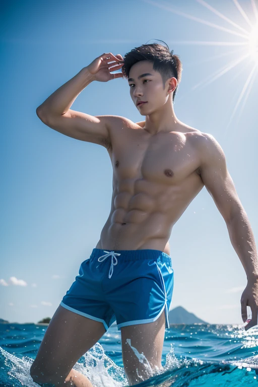 Create a 64k photo of a blue sea scene, with a luxury cruise ship parked in the distance, bright sunlight, low-angle portrait of a handsome Thai-Chinese male teenager, with a dark, well-proportioned face, wearing brightly colored swimming trunks, standing in the sea, water reaching his thighs.