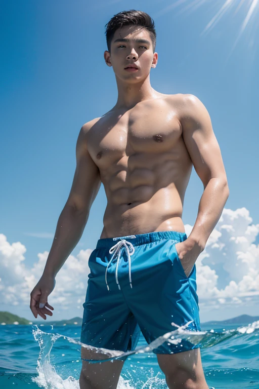 Create a 64k photo of a blue sea scene, with a luxury cruise ship parked in the distance, bright sunlight, low-angle portrait of a handsome Thai-Chinese male teenager, with a dark, well-proportioned face, wearing brightly colored swimming trunks, standing in the sea, water reaching his thighs.