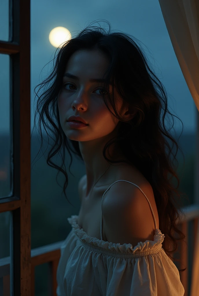 Beautiful girl with wavy long hair, sadly love her boyfriend at night