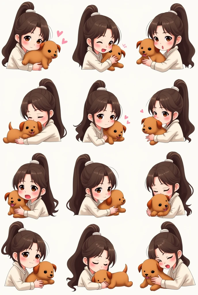 Create a high-resolution, photorealistic LINE sticker set of a young Japanese woman with large brown eyes, long brown hair styled in a high ponytail with a white hair tie, and fair skin. She has gold inner highlights in her hair and is wearing stylish clothes. Her eye makeup is slightly gyaru-inspired, with slightly thicker eyeliner, defined eyebrows, and longer, more noticeable eyelashes. The character should be holding a fluffy, cuddly dog with soft, plush fur that looks comforting to hug. The dog should have a friendly and cute appearance, with large eyes and floppy ears.
The character and the dog should be depicted with 10 different expressions and attitudes, all compiled into a single image. The expressions and attitudes include:
1. Neutral face while holding the dog
2. Smiling face while cuddling the dog
3. Smiling with full body showing happiness while holding the dog
4. Sad face while holding the dog
5. Angry face while holding the dog
6. Surprised face while the dog looks up at her
7. Winking face while playing with the dog
8. Blushing face while the dog licks her face
9. Laughing face while holding the dog close
10. Tired face while the dog rests on her lap
Ensure the image looks like a photograph of a real person holding a real dog, capturing details such as skin texture, natural lighting, the soft texture of the dog's fur, and subtle facial features. Each character with the dog should be clearly visible and distinct within the single image layout, suitable for use as LINE stickers.