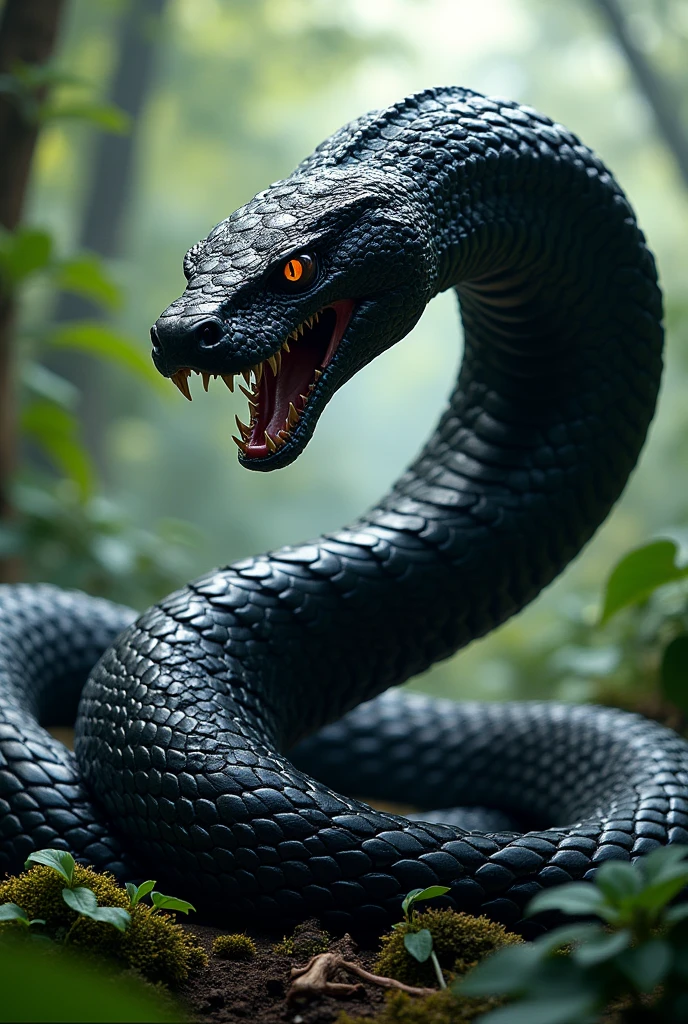{
  "size": "1024x1024",
  "prompt": "A massive, majestic black snake coiled in a powerful pose, showcasing its strength and glory. The snake's glossy black scales reflect the light, making it appear both menacing and regal. I.Open your dangerous mouth.in the jungle 
