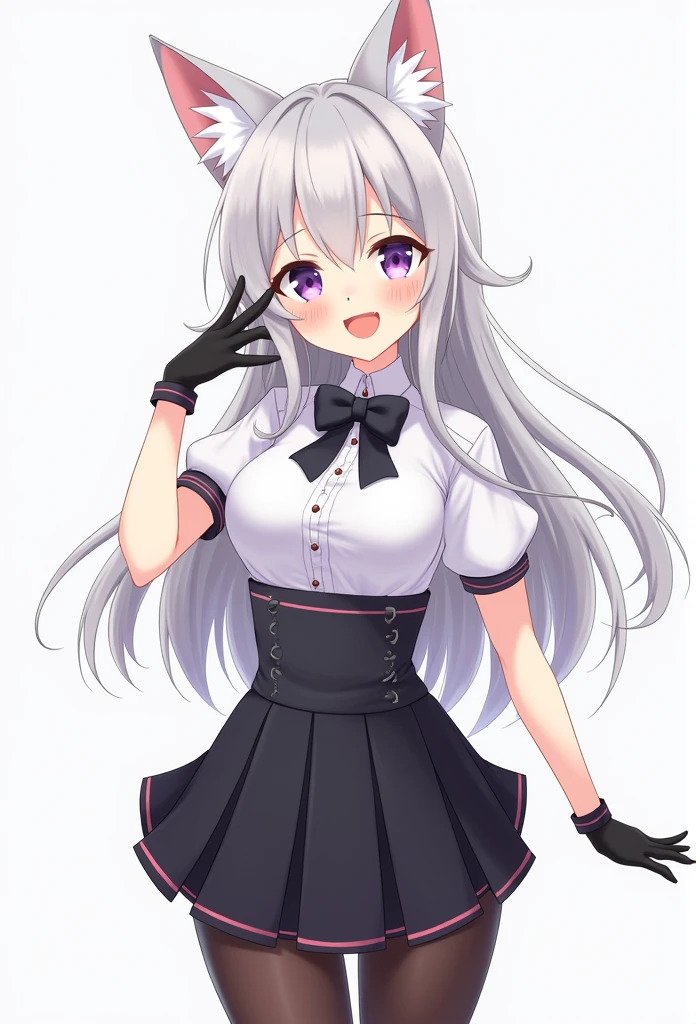 anime aRtwoRk, scoRe_9, scoRe_8_superior, scoRe_7_superior, scoRe_6_superior, scoRe_5_superior, scoRe_4_superior(\lin ni te\), 1girl,animal ears, purple eyes, solo, gloves, breasts, pantyhose, bow, animal ear fluff,long sleeves, cleavage, skirt, cat ears, bangs, facial mark,, grey hair, small breasts, pleated skirt, black pantyhose, bowtie, medium breasts, black gloves, white shirt,1girl,,so beautiful, Absurd, alone, Happy,View your viewers,, Simple Backgroundthe,pov,