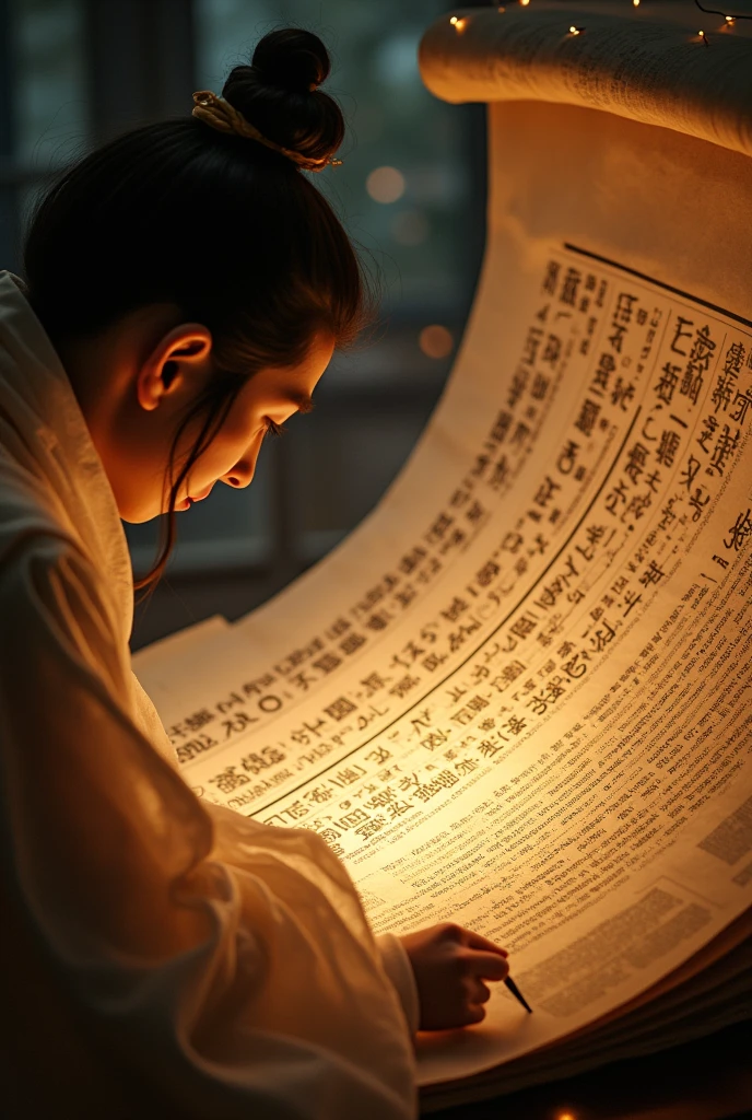 Suspension, Three-dimensional ancient style, Rolled up rice paper filled with calligraphy, Concept Design, Clothes Decision Fluttering, Macro Photography, Fiber Optic Paper Sculpture, High Angle Shot, Romantic ancient style, Movie Light, Surreal, Chen Jialing, Zen, Veil, Watercolor, Quiet atmosphere, Rich, Fantastic, Micro Rendering, Exquisite details, Dark night shimmer, Fiber Optic Paper Sculpture, Backlight, Decorative illustrations, Graphic illustration, Fluorescent Color, Watery eyes, Anime Characters, The book is extremely complicated, Background of law, Center glow, An ancient man writing calligraphy, Neoclassicism, Hyperrealism, Art Nouveau, UHD, masterpiece, ccurate, anatomically correct, super detail, 8k