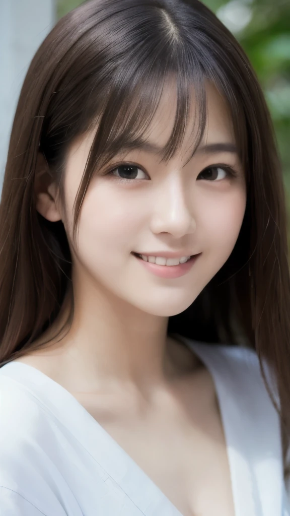 best quality, face focus, soft light, ultra high res, (photorealistic:1.4), RAW photo, Shinozaki Ai, white skin, kawaii, 1 Japanese girl, solo, cute, (smile), (pupil, lights in the eyes), detailed beautiful face, Medium-sized breasts,(high resolution detail of human skin texture),(long hair),(portrait), upper body, white traditional kimono, no makeup