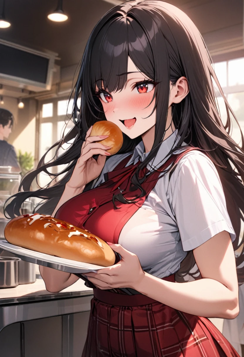 (best enjoy style), up view, (hand holding the Delicious baked round bread, There's cream inside), (solo:2, 18 yo) (beautiful detailed middle part bangs) (beautiful black hair long hair) (beautiful sexy sadist girl) (best cool red eyes) (best happy smile, glossy lip, wide open mouth) (big tits), in a summer Elegant red school shirt, detailed Check pattern skirt, standing, break, in the beautiful master detailed School cafeteria, BREAK, perfect anatomy, masterpiece, best quality, 16k, beautiful detailed grow, daydreaming expression.