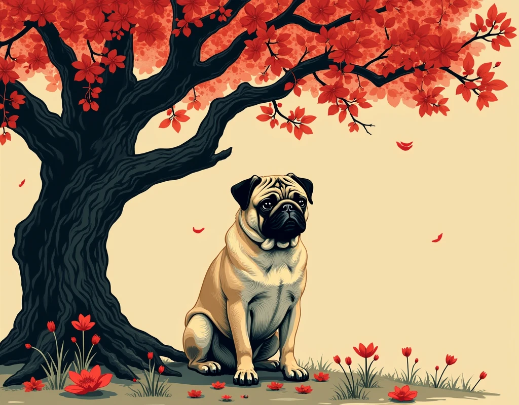 arafed Pug sitting under a tree with red flowers, Shepard Faireyのポスター, Pug, Shepard Fairey Style, Shepard Fairey, Japanese Dog, evil Pug, Pug-faced, by Shiba Kōkan, Inspired by J..c. Leyendecker, Inspired by J.. c. Leyendecker