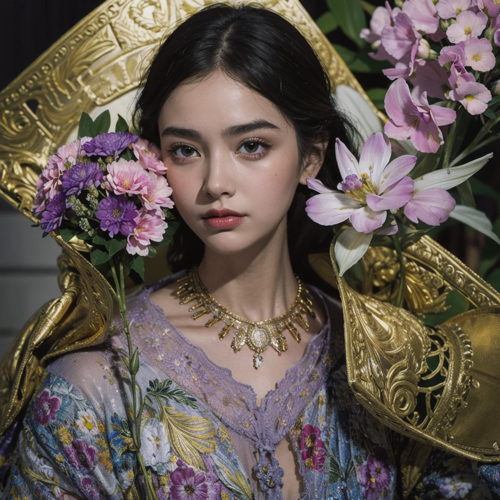 (ultra-detailed background, detailed background), absurdres, highres, ultra detailed, extremly detailed, 1girl, (bunch of flowers:1.3), (zentangle:1.2), (geometric:1.2),(colorful), chiaroscuro technique on illustration of an elegant oldies , wet hair, vintage, eerie, matte painting, by Hannah Dale, by Harumi Hironaka, extremely soft colors, vibrant, highly detailed, digital illustrations , high contrast, dramatic, refined, tonal, emotional expression, golden ratio