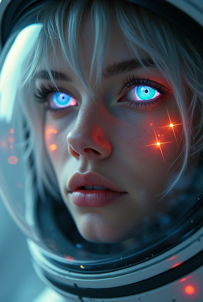 (Close-up of a better masterpiece:1.5)0.9], (Space and astronauts:1.2) (Messy silver hair:1.1) (Heterochromia xanthochromia and blue eyes:1.2) (Space Helmet:1.0) (Colored stars in the eyes:1.0) (A radiant glow:1.1) (thick lips:0.9)