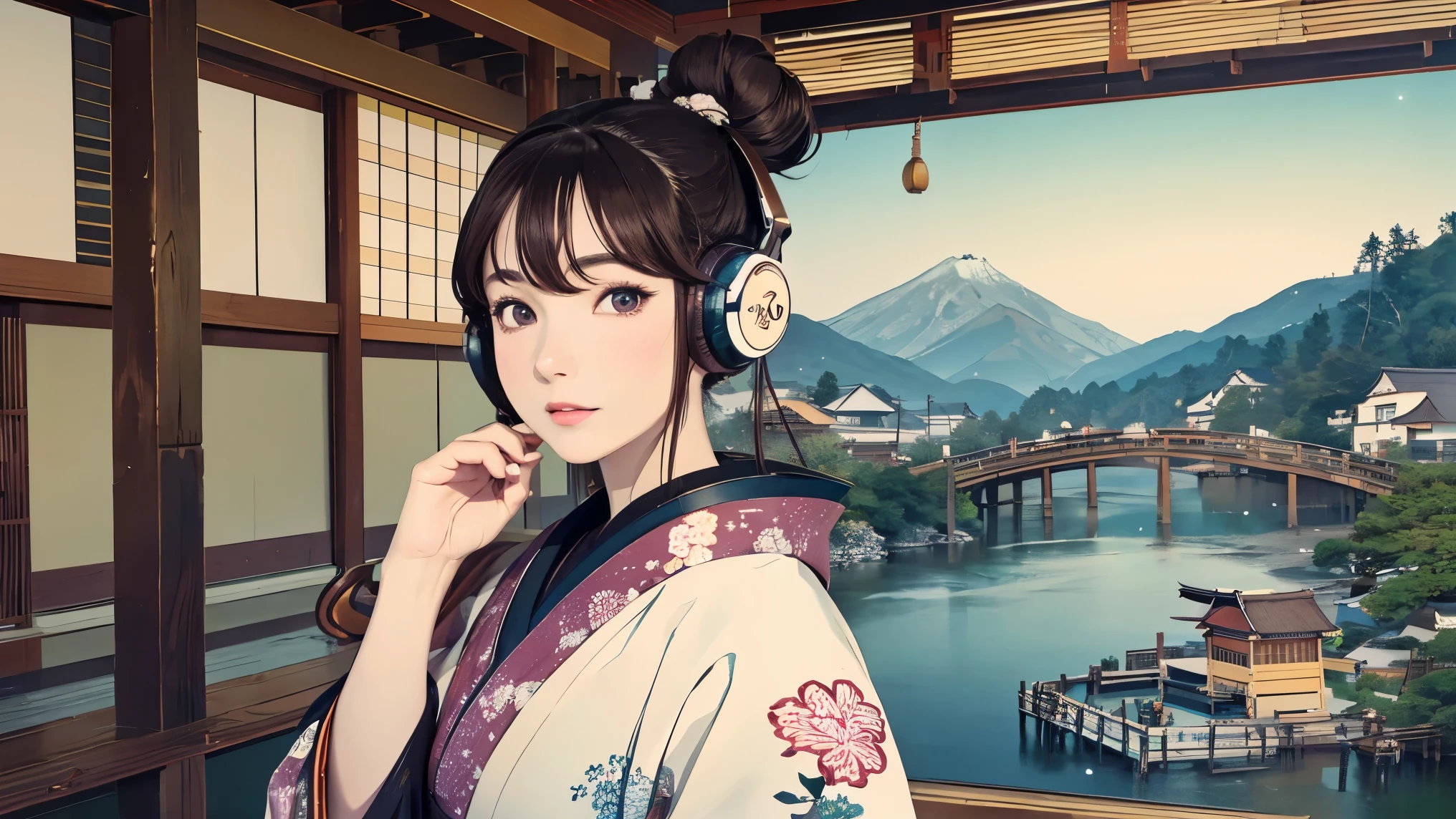 (Highest quality, 8k, masterpiece, High resolution), (whole body), Vibrant colors, Japanese style headphones, Brown-black bob, Traditional topknot, Ample breasts, (Highly detailed face and eyes, Beautiful Face, Beautiful Eyes, Beautiful nose, Pretty lips), Official Art, Ukiyo-e style, (Beautiful woman in kimono), (Vivid floral patterned kimono), background, river, bridge, Mountain, wood, Starry Sky, moon, plum, Lantern, Detailed CG, (headphones, wearing headphones),