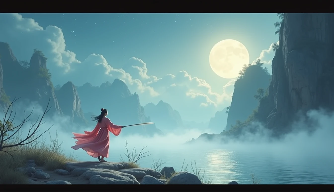 One picture describes five scenes,Movie storyboard,Scene View Scene 1:The sky rises straight up and destroys the vast,The Endless Tai Chi Long Scene 2:I haven't seen blood and grief for years,Forgetting Life and Death and Living in the Dust, Scene 3:Flying Stars Fly Far Away Crossing the Guan River,Ask the Lotus How to Know the Color of Ice and Snow Scene 4:Why hate the desolation after drinking,One Sorrow Is Not Enough to Unite the River Scene 5:The moon falls on the eaves of clothes,Borrowing a sword to pick flowers and scatter branches