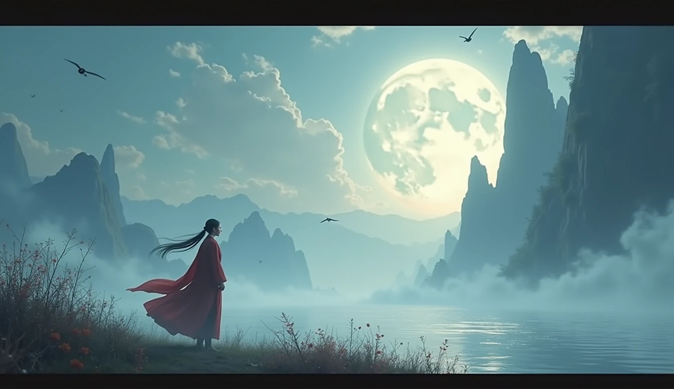 One picture describes five scenes,Movie storyboard,Scene View Scene 1:The sky rises straight up and destroys the vast,The Endless Tai Chi Long Scene 2:I haven't seen blood and grief for years,Forgetting Life and Death and Living in the Dust, Scene 3:Flying Stars Fly Far Away Crossing the Guan River,Ask the Lotus How to Know the Color of Ice and Snow Scene 4:Why hate the desolation after drinking,One Sorrow Is Not Enough to Unite the River Scene 5:The moon falls on the eaves of clothes,Borrowing a sword to pick flowers and scatter branches