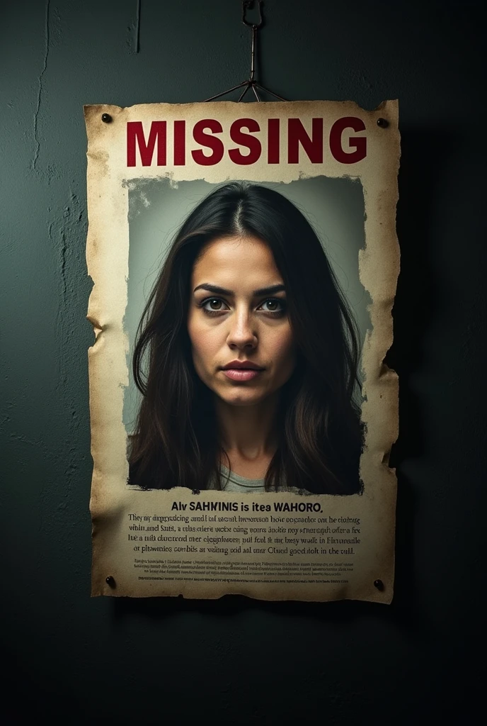Visualize a missing persons poster with the woman’s photo, set against a dark, foreboding backdrop.