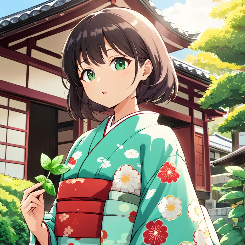 Japanese woman wearing kimono, miko, cartoon, holding mint, Japanese house in the background