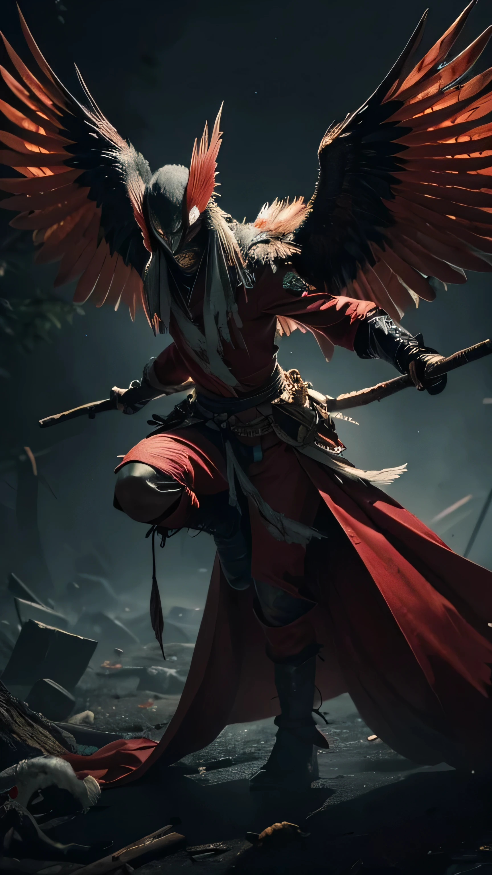 **Prompt:** Create an ultra-realistic depiction of a horror-themed Tengu, emphasizing its terrifying and monstrous qualities while retaining its iconic features. **Overall Appearance:** The Tengu stands tall, its once noble and majestic form now twisted into something truly nightmarish. **Head:** Its hawk-like face is elongated, with a sharp, beak-like nose that drips with dark, viscous liquid. Its eyes are deep, glowing red, filled with malevolence and hunger. The feathers on its head are jagged and bloodstained, and its mouth is lined with sharp, needle-like teeth, visible even when closed. **Body:** The Tengu's muscular form is now gaunt and sinewy, covered in matted, dirty feathers that seem to be rotting in places. Its skin underneath is pale and sickly, with veins visibly pulsing. **Wings:** The large wings are tattered and torn, with feathers missing in places, exposing the bone-like structure beneath. They seem to emit a low, eerie moan when moved. **Arms and Claws:** The Tengu's arms are elongated, with hands that end in grotesquely long, twisted claws, perfect for ripping flesh. **Legs:** Its bird-like legs are now even more menacing, with the talons elongated and cracked, leaving deep gouges in the ground with every step. **Attire:** The Tengu's samurai armor is rusted and broken, with pieces hanging loosely, as if forgotten. It is covered in dark stains, remnants of past battles and victims. **Background:** The setting is a dark, decaying forest, shrouded in mist. The ground is littered with bones and remnants of previous prey. **Special Features:** A dark, ominous aura surrounds the Tengu, with whispers of the damned filling the air around it. Its very presence seems to drain the life and color from the surroundings, leaving a trail of death in its wake.