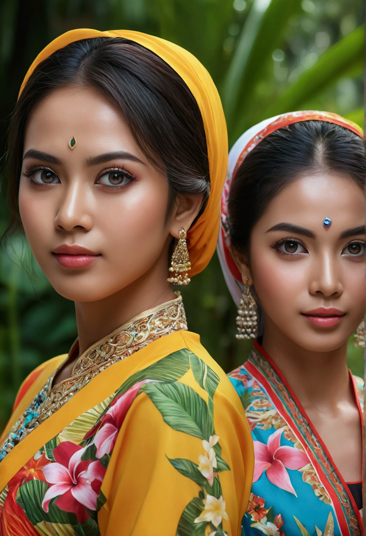 6 beautiful Malaysia girls, beautiful detailed eyes, beautiful detailed lips, extremely detailed eyes and face, long eyelashes, athletic athletic bodies, colorful traditional Malaysia dresses, tropical garden background, (best quality,4k,8k,highres,masterpiece:1.2),ultra-detailed,(realistic,photorealistic,photo-realistic:1.37),vibrant colors,natural lighting,cinematic composition,intricate details,highly detailed facial features