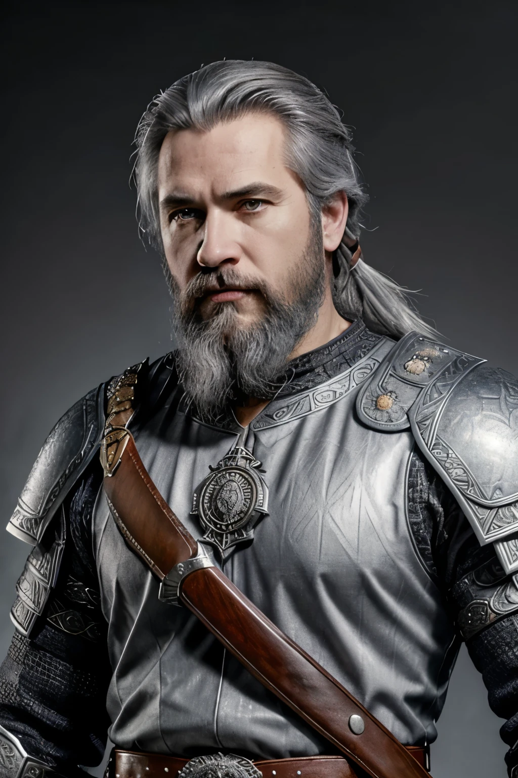 (masterpiece, top quality, best quality, official art, detailed:1.2),geraldoW3, solo, upper body, ponytail, weapon, grey hair, male focus, sword, armor, facial hair, holding sword, beard, realistic, chainmail, medallion