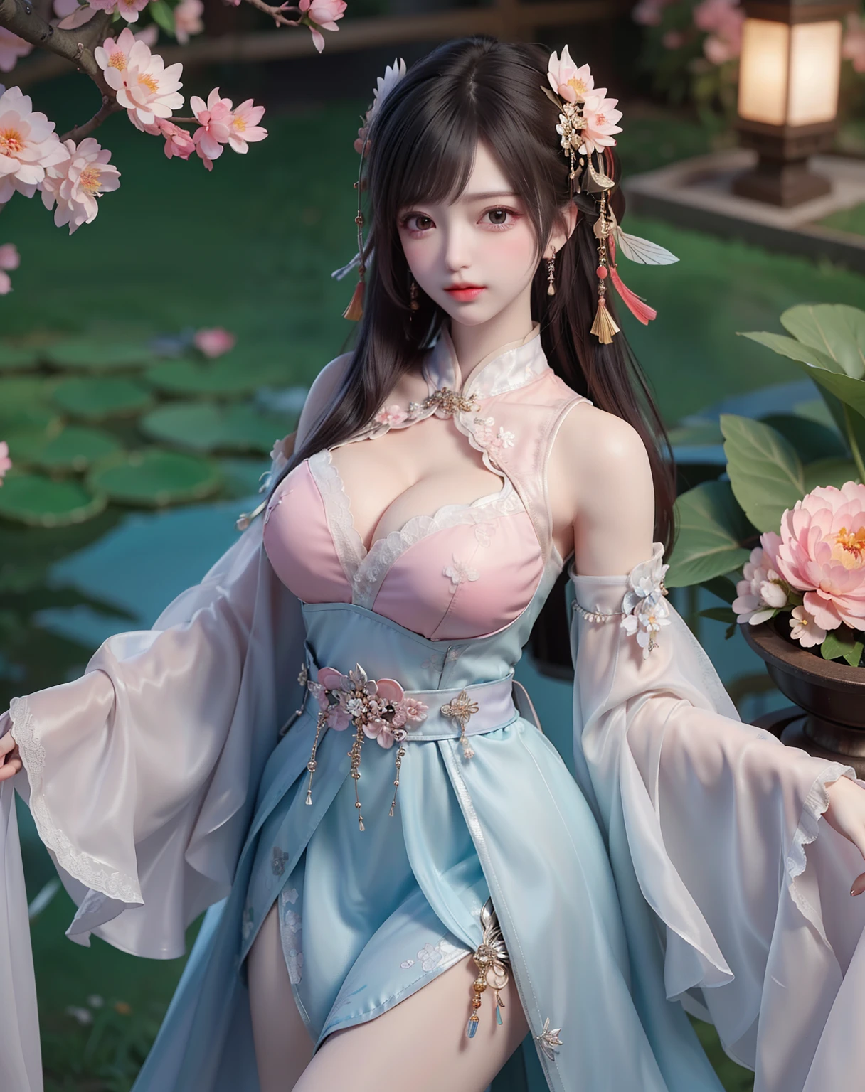 (8k, RAW photo:1.2), best quality, ultra high res,dramatic angle,(fluttered detailed color splashs), (illustration),(((1 girl))),(long hair),(rain:0.9), (Headdress:1.4),There is an ancient palace beside the girl,Hanfu,(Key Points),Color ink painting,(Splash of Color),Splash of Color,(((colorful))),(sketch:0.8) , Masterpiece, best quality, beautiful painted, highly detailed,(denoising:0.6),[splash ink],((ink refraction)), (beautiful detailed sky),moon,highly,detaild,(masterpiece, best quality, extremely detailed） CG Unity 8k Wallpaper，masterpiece，best quality，Ultra Detailed），（Lycoris）. hanfu open v open V-chested clothes Thin silk lace dress , (huge ，cleavage),, white pink and gren，best qualtiy，tmasterpiece，Ultra-high resolution，（Reality：1.4），RAW photogr，（True skin texture：1.3），（filmgrain：1.3），（Selfie angle），1个Giant Breast Girl，Beautiful eye and face details，tmasterpiece，Best quality at best，，The chest more exposed， detailed hair, bra pink lotus , detail 8k, upper body, lace petticoat