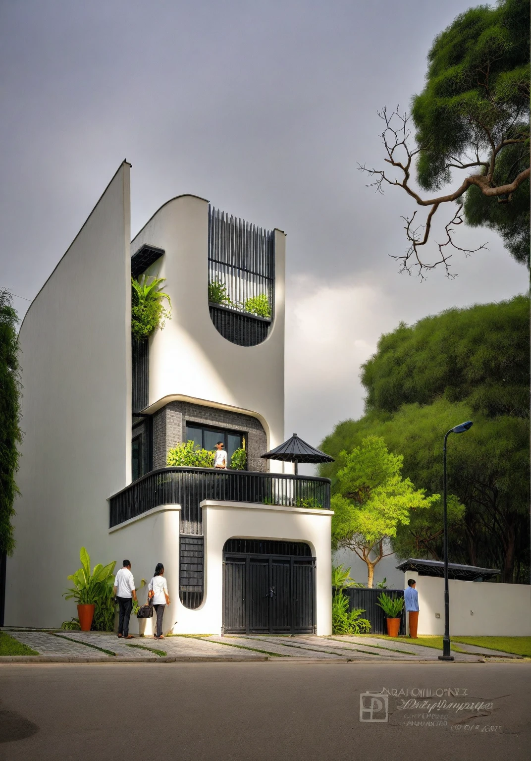 RAW photo, a photo of a modern house, (curvilinear chrchitecture:1.4), Wabisabi style rounded wall, white wall, steel dark gate, sidewalk, sidewalk trees, ((grey gate:1.2)), road, viet nam modern residence, ((architectural shot)), rough white wall, new residential area, wide angle exterior 2022, contemporary house, exterior photography, masterpiece, contemporary architecture, overcast, indirect lighting