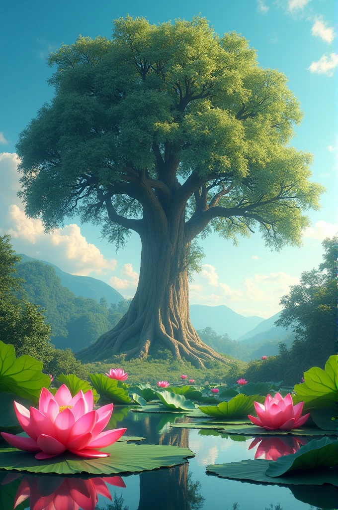 A tall, majestic tree with a smooth, textured bark, reaching towards a vibrant blue sky. Lush green leaves and clusters of delicate pink flowers adorn its branches. In the foreground, large, pink lotus flowers bloom in the sunlight, with their leaves floating on a serene water surface. The overall atmosphere is peaceful and serene.