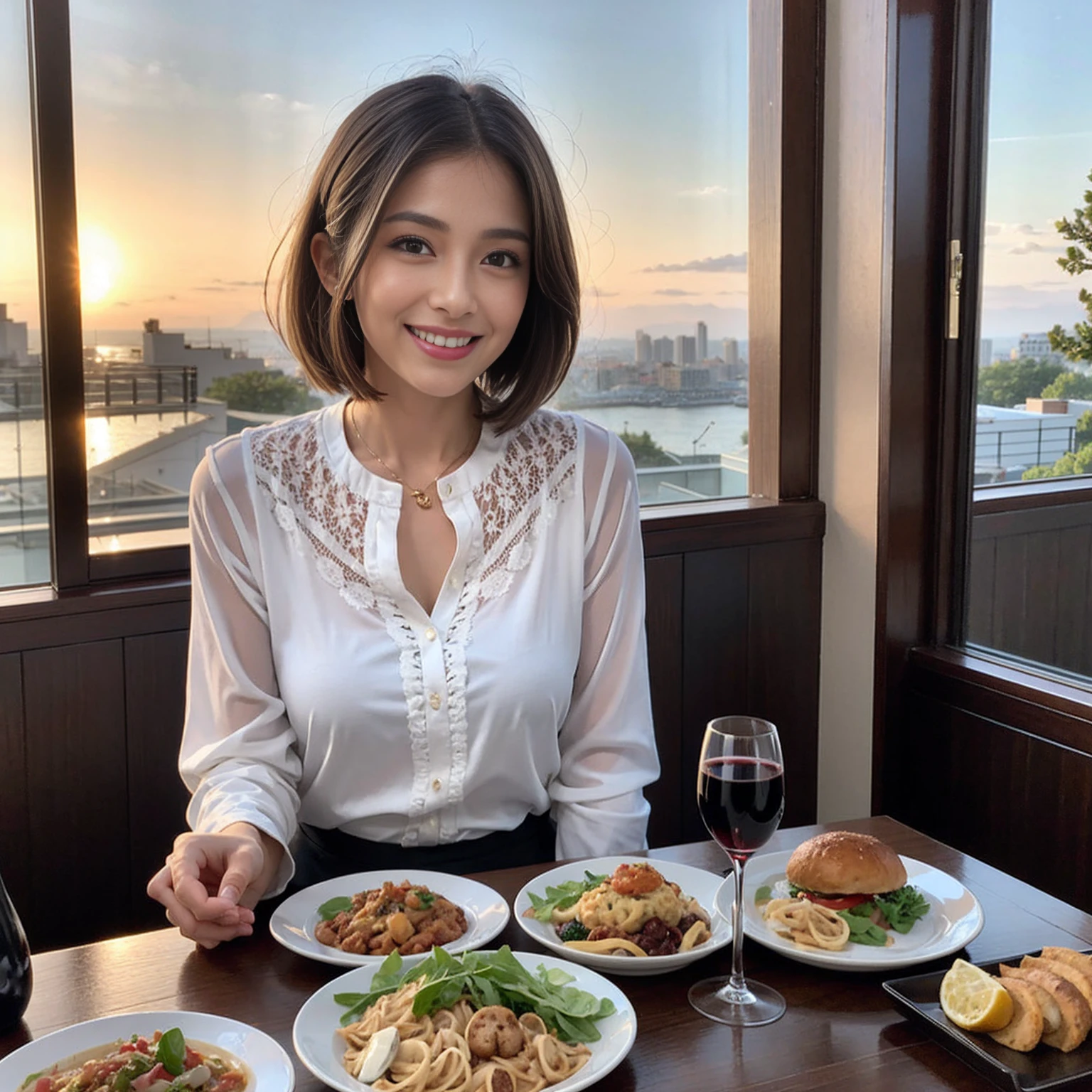 （Realistic:1.1）,(masterpiece,Highest quality)，8k,(56 years old), 53 years old, ベリーslimボディ、slimカップル、Tight waist,Upper Body,full-course dinner、wine 、Amazing view of the sunset sky and clouds、Perfect Anatomy, Brown Hair, short hair,Random Hairstyles,((Highly detailed face and eyes:1.2))，Perfect golden ratio face，Long sleeve shirt、dress,(smile:1.2)、Shortcuts、cute、(Realistic, Intricate details:1.2), A bright smile、short hair,Bright Face、赤wine 、Appetizers、Italian food、wine bottle、Champagne、スパークリングwine、(slimな顔), (The body is slim), (Brown Hair), (Shortcuts),  Upper Body, 白wine, slim, wineグラス, 