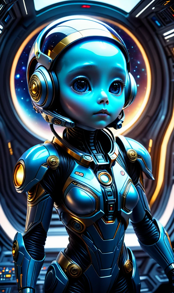 A cute alien 、Realistic 4k Octane、beautifully detailed render、4K post-processing、Very detailed、intricate complexity、A magnificent composition、Magical atmosphere、Cinematic lighting、masterpiece、Ultra-high resolution、Sharp focus、Blender Gustav Klimt、masterpiece、Films by artgerm and greg、Inside the spaceship