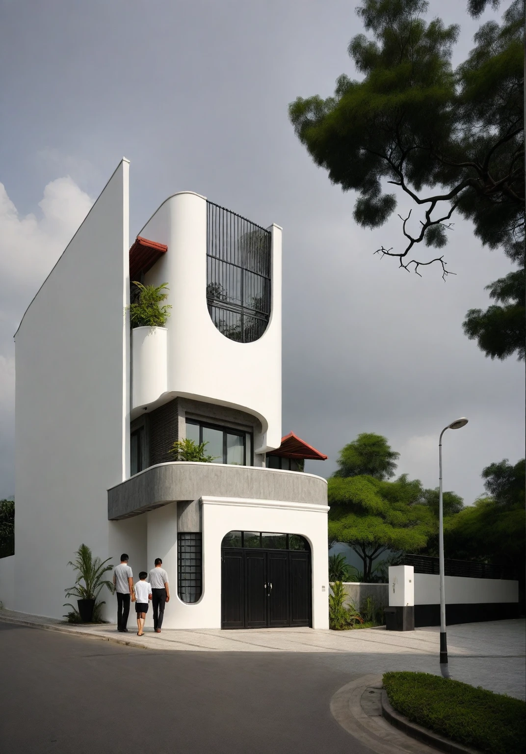 RAW photo, a photo of a modern house, (curvilinear chrchitecture:1.4), Wabisabi style rounded wall, white wall, steel dark gate, sidewalk, sidewalk trees, ((grey gate:1.2)), road, viet nam modern residence, ((architectural shot)), rough white wall, new residential area, wide angle exterior 2022, contemporary house, exterior photography, masterpiece, contemporary architecture, overcast, indirect lighting