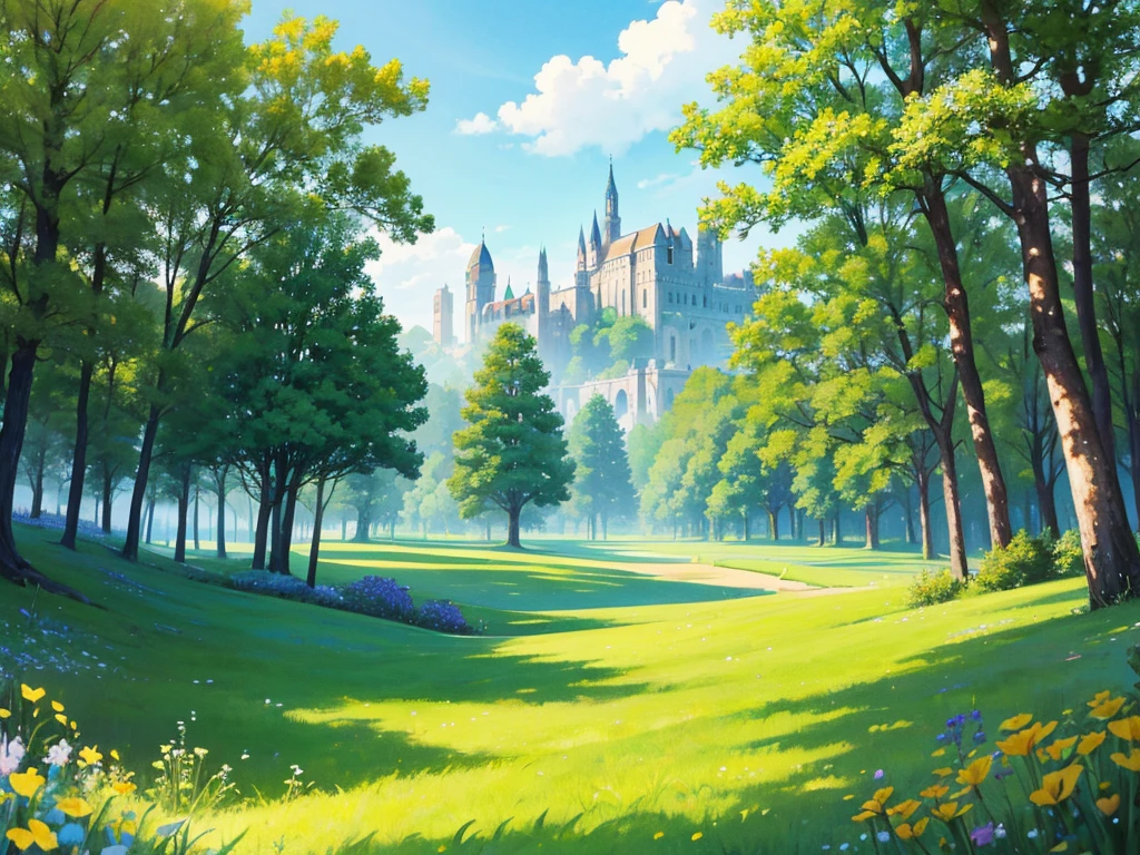 In a vibrant, anime-style fantasy world, the scene opens to an expansive, emerald-green meadow that seems to stretch endlessly under a brilliant, clear sky. The grass sways gently in the breeze, its rich hues of green reflecting the sunlight, creating a sense of life and abundance. Dotted with wildflowers and small, sparkling streams, the landscape is both peaceful and full of natural beauty. As your eyes follow the rolling hills, they lead to the horizon where, in the far distance, the silhouette of a magnificent city comes into view. The city is perched on the edge of the horizon, its towering spires and grand architecture barely visible but still imposing, hinting at a world full of magic, adventure, and mystery waiting to be explored