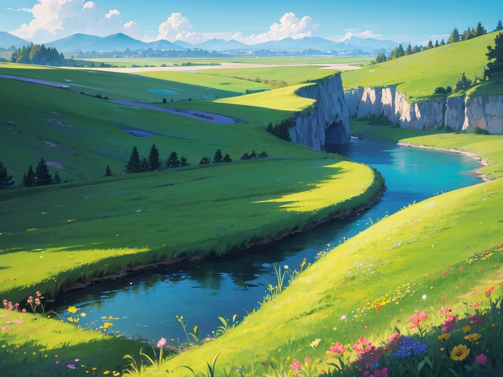 In a vibrant, anime-style fantasy world, the scene opens to an expansive, emerald-green meadow that seems to stretch endlessly under a brilliant, clear sky. The grass sways gently in the breeze, its rich hues of green reflecting the sunlight, creating a sense of life and abundance. Dotted with wildflowers and small, sparkling streams, the landscape is both peaceful and full of natural beauty. As your eyes follow the rolling hills, they lead to the horizon where, in the far distance, the silhouette of a magnificent city comes into view. The city is perched on the edge of the horizon, its towering spires and grand architecture barely visible but still imposing, hinting at a world full of magic, adventure, and mystery waiting to be explored