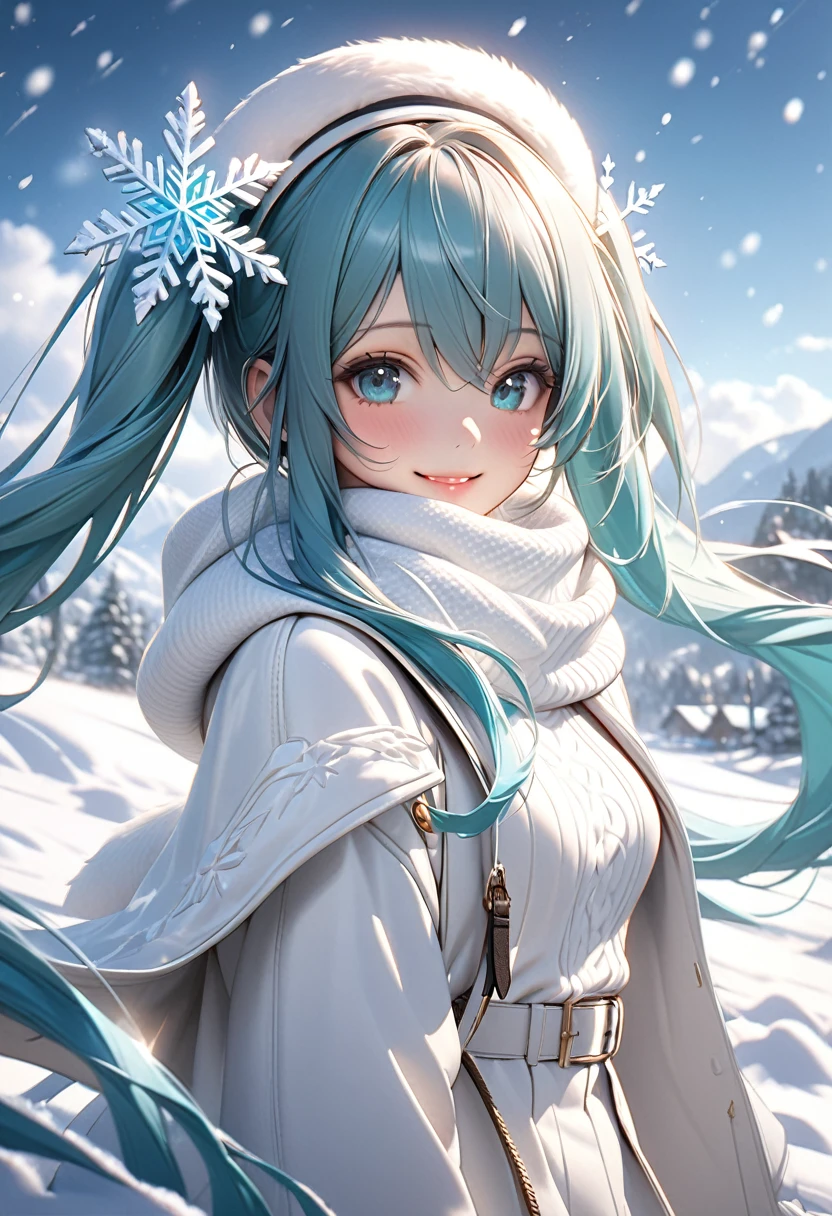 1girl,hatsune miku,cute white hat with fluffy white fur,cute white outerwear with fur,white turtleneck sweater,white scarf,white tights,white boots,beautiful white skin,beautiful eyes,stunning figure,snow fairy,smiling,snowy plain,falling snowflakes,cowboy shot,(best quality,4k,8k,highres,masterpiece:1.2),ultra-detailed,(realistic,photorealistic,photo-realistic:1.37),fantasy,digital art,dramatic lighting,fantasy effects,professionally shot,award-winning