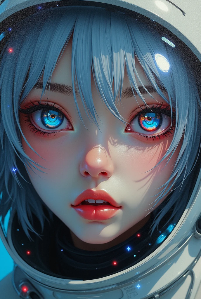 (Close-up of a better masterpiece:1.5)0.9], (Space and astronauts:1.2) (Messy silver hair:1.1) (Heterochromia xanthochromia and blue eyes:1.2) (Space Helmet:1.0) (Colored stars in the eyes:1.0) (A radiant glow:1.1) (thick lips:0.9)