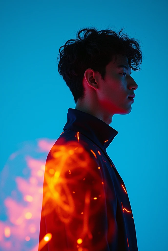 ashion editorial photography, medium shot of an asian model,Blue background,Orange contrast,Tech patterns, Dynamic silhouette, Virtual devices, Light effects and particles, Futuristic typography, Dynamic movement,Abstract geometry