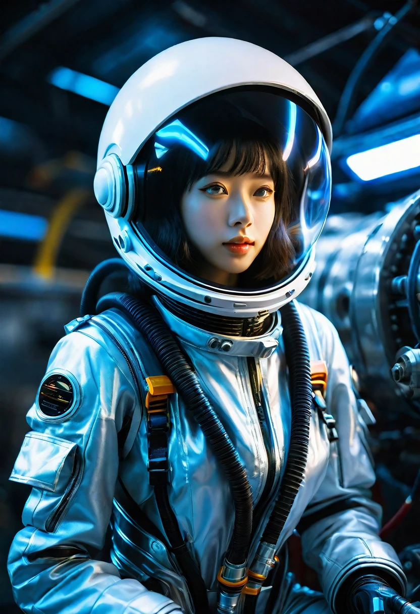 Candid photo of a female engineer repairing the engine of a huge spaceship, Wearing a tight futuristic space suit, masterpiece, (Beautiful and big eyes:1.1), Intricate details, Very complex iris, close, Neon Light, thick smoke, Cyberpunk atmosphere, Flash lighting, Shot with a Bolex H16, Expired Ektachrome film