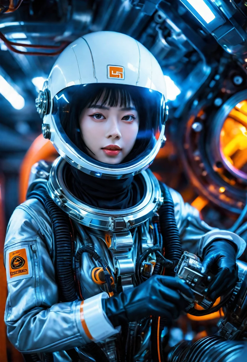 Candid photo of a female engineer repairing the engine of a huge spaceship, Wearing a tight futuristic space suit, masterpiece, (Beautiful and big eyes:1.1), Intricate details, Very complex iris, close, Neon Light, thick smoke, Cyberpunk atmosphere, Flash lighting, Shot with a Bolex H16, Expired Ektachrome film