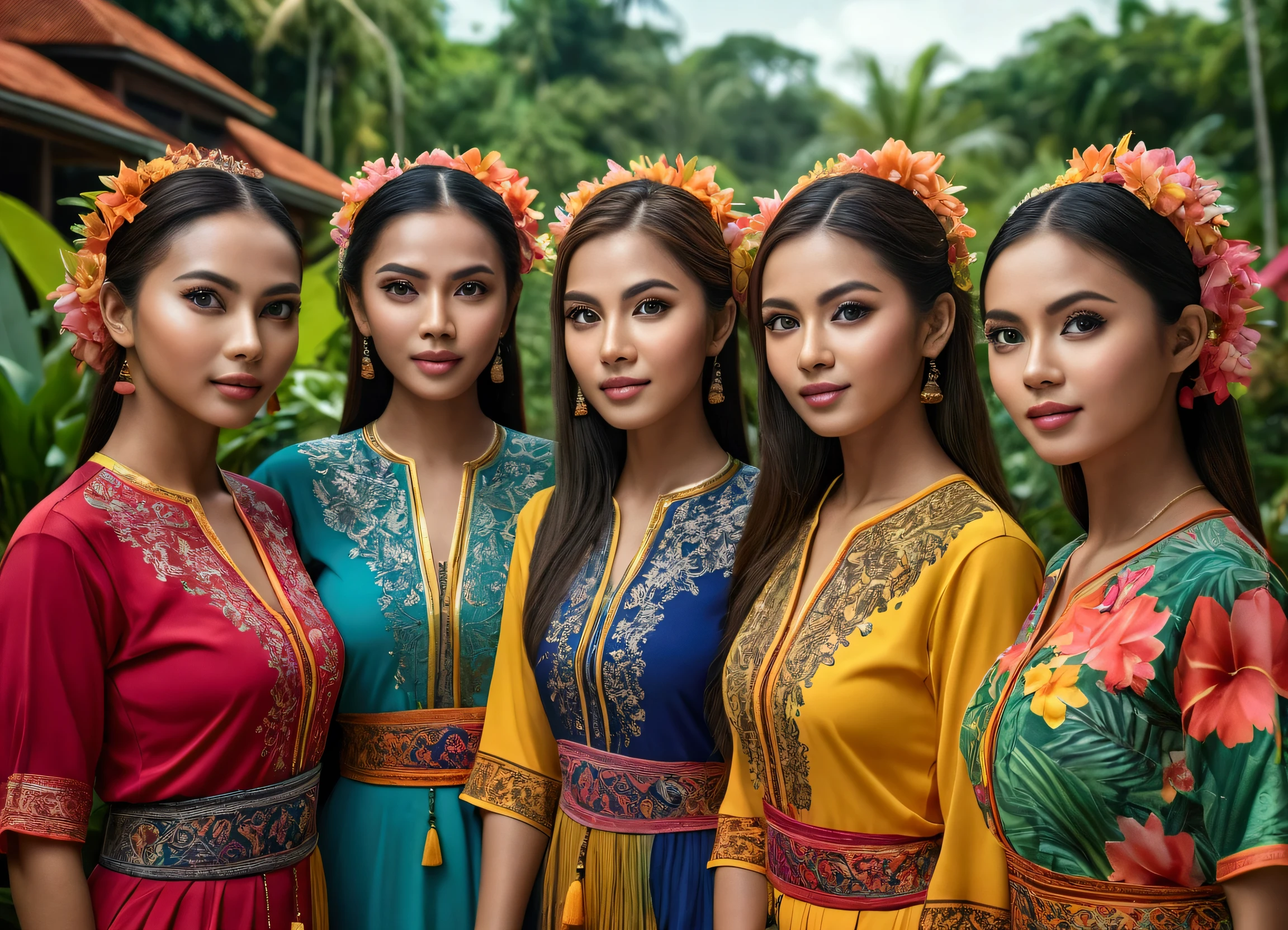 6 beautiful Malaysia girls, beautiful detailed eyes, beautiful detailed lips, extremely detailed eyes and face, long eyelashes, athletic athletic bodies, colorful traditional Malaysia dresses, tropical garden background, (best quality,4k,8k,highres,masterpiece:1.2),ultra-detailed,(realistic,photorealistic,photo-realistic:1.37),vibrant colors,natural lighting,cinematic composition,intricate details,highly detailed facial features