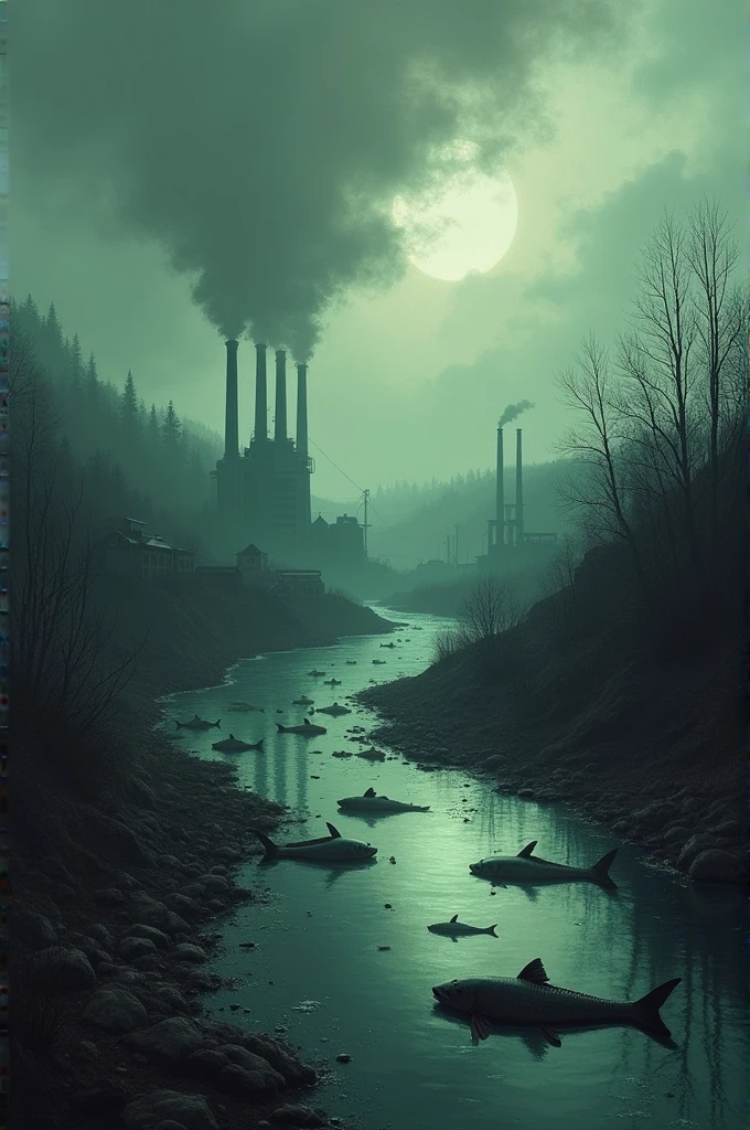 A dark and moody illustration of a polluted river flowing through a mining town, with smoke stacks belching toxic fumes into the sky and dead fish floating on the surface.