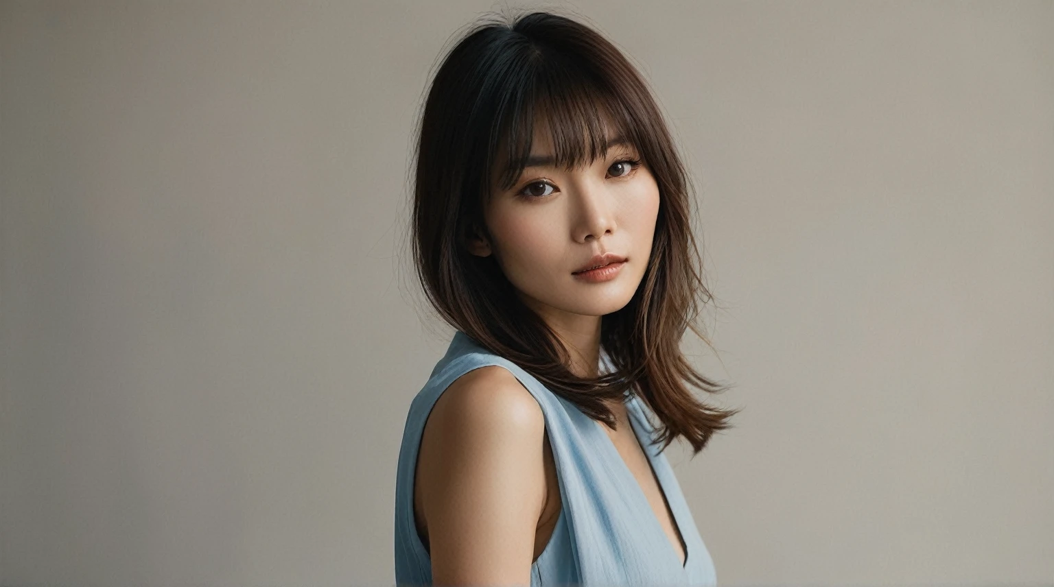 il y a une femme en robe bleue qui pose pour une photo, Janice a chanté, Gemma Chan girl portrait, Gemma Chan beautiful girl, a jean asian woman, inspired by Yuko Tatsushima, Yoshitomo Nara, paru itagaki, jean asian woman, an asian woman, Japanese model, Gemma Chan, Elegant Japanese woman