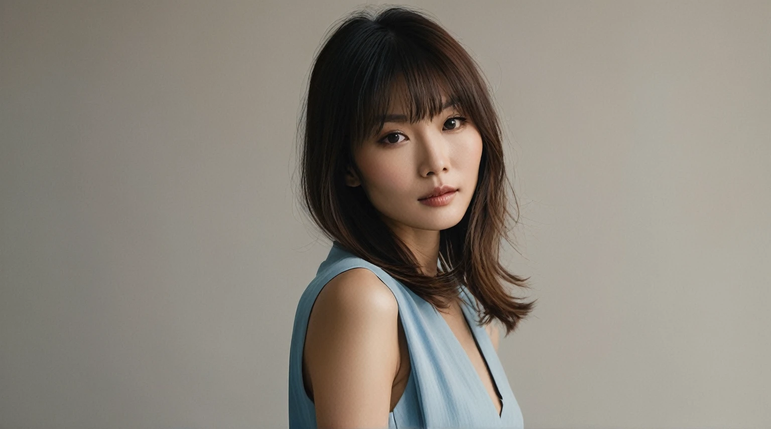 il y a une femme en robe bleue qui pose pour une photo, Janice a chanté, Gemma Chan girl portrait, Gemma Chan beautiful girl, a jean asian woman, inspired by Yuko Tatsushima, Yoshitomo Nara, paru itagaki, jean asian woman, an asian woman, Japanese model, Gemma Chan, Elegant Japanese woman
