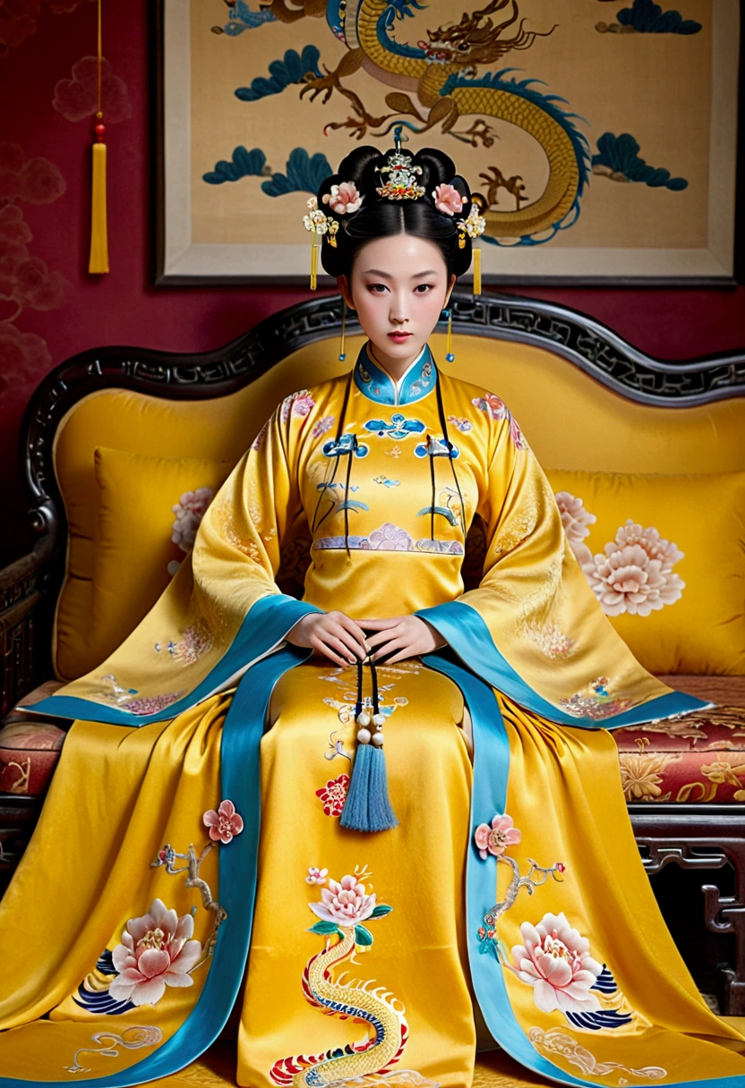 A gorgeous empress from the Chinese imperial court during the Qing Dynasty. She sits naked on a large yellow dragon embroidered sofa with her legs spread apart, her hair in double ponytails, wearing a gorgeous Chinese empress crown and a flower hairpin, and her hair is tied up and pulled up.