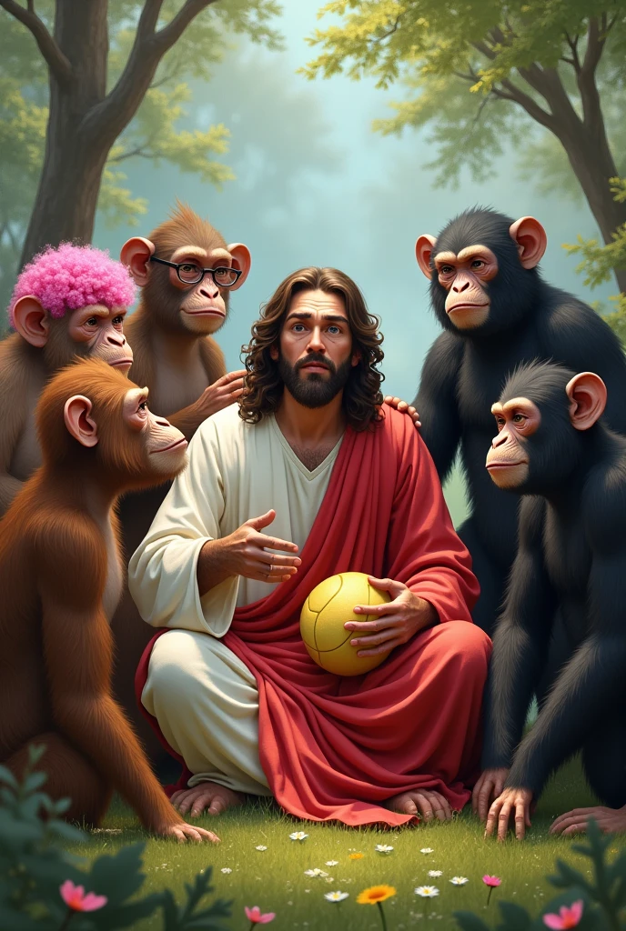 Jesus spreading wisdom to only 5 monkey , monkey number 1with pink hair , monkey number 2 with curly hair like a human and a volley ball, monkey number3 with glasses and braces like a nerd with long hair , monkey number 4 is black and monkey number 5 is really strong