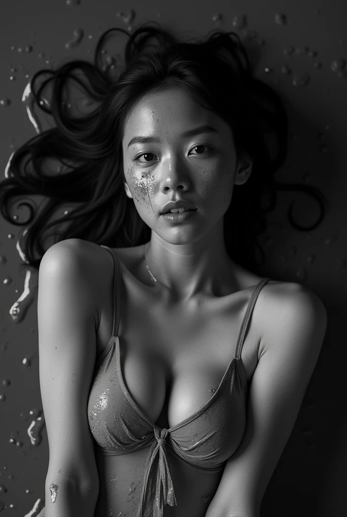 Asian Girl, Transparent dirty dress, She is lying on her back in the wet mud, dark, Her body is dirty, Mud on her face, Monochrome, Black and White Photography, Mud on her body, Low light, Ultra-high resolution photos, eye contact, Sexy pose,