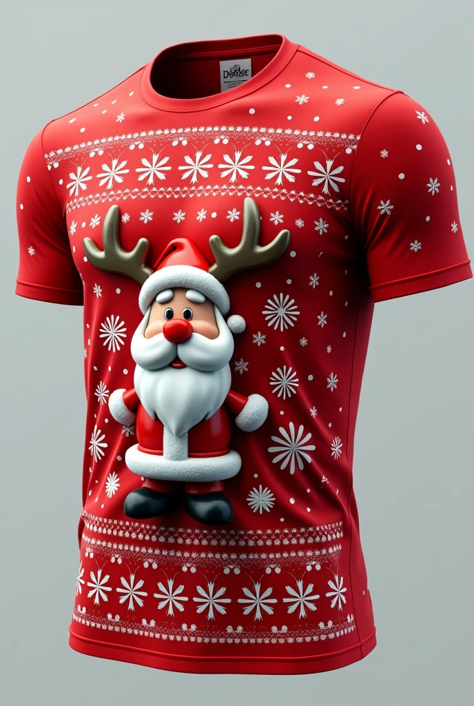 Design Name： Red Christmas 3D Printed T-Shirt Design Description： This fun and novel Christmas 3D printed T-shirt combines traditional Christmas elements with creative design，Vivid and lifelike effects through three-dimensional printing technology，Let the wearer be full of fun and personality in the festival。

Design elements：

3D Christmas themed pattern： Use 3D printing technology to design vivid Christmas themed patterns，Such as Santa Claus、reindeer、Snowman, etc.，Make the pattern look lifelike。
Visual illusion effect： 利用立体印花的Visual illusion effect，Create depth and dimensionality，Make the design more interesting。
Interactive Design： Consider designing elements that can interact with the wearer，Like moving snowflakes、Color changing patterns, etc.，Make T-shirts more interesting。
Pop culture elements： 结合Pop culture elements，Like cartoon characters、Trendy symbols, etc.，Make the design more stylish and attractive。
