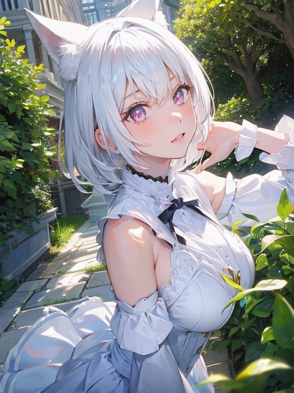 One girl,  White medium hair, Detailed pupils, Pale pink eyes, Center parted hair, White Dress, garden, noon, city, blue sky, beautiful, Dramatic Light, Strong Shadows, Nice views, Depth of written boundary, Cinema Lighting, ((masterpiece)), Attention to detail, high quality, 最high quality, High resolution, Staring at the audience, (the most absurd:1.5),