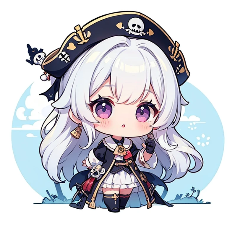 Chibi、((Body completed))、((High detail))、((high quality))、((Detail Hand))、1 girl、Long Hair、The hair on top is black、The hair underneath is dark blue、Ombre Hairstyles、Purple Eyes、Red and black pirate style、Pirate Hat、Chibiスタイル、Transparent Background、centered position。