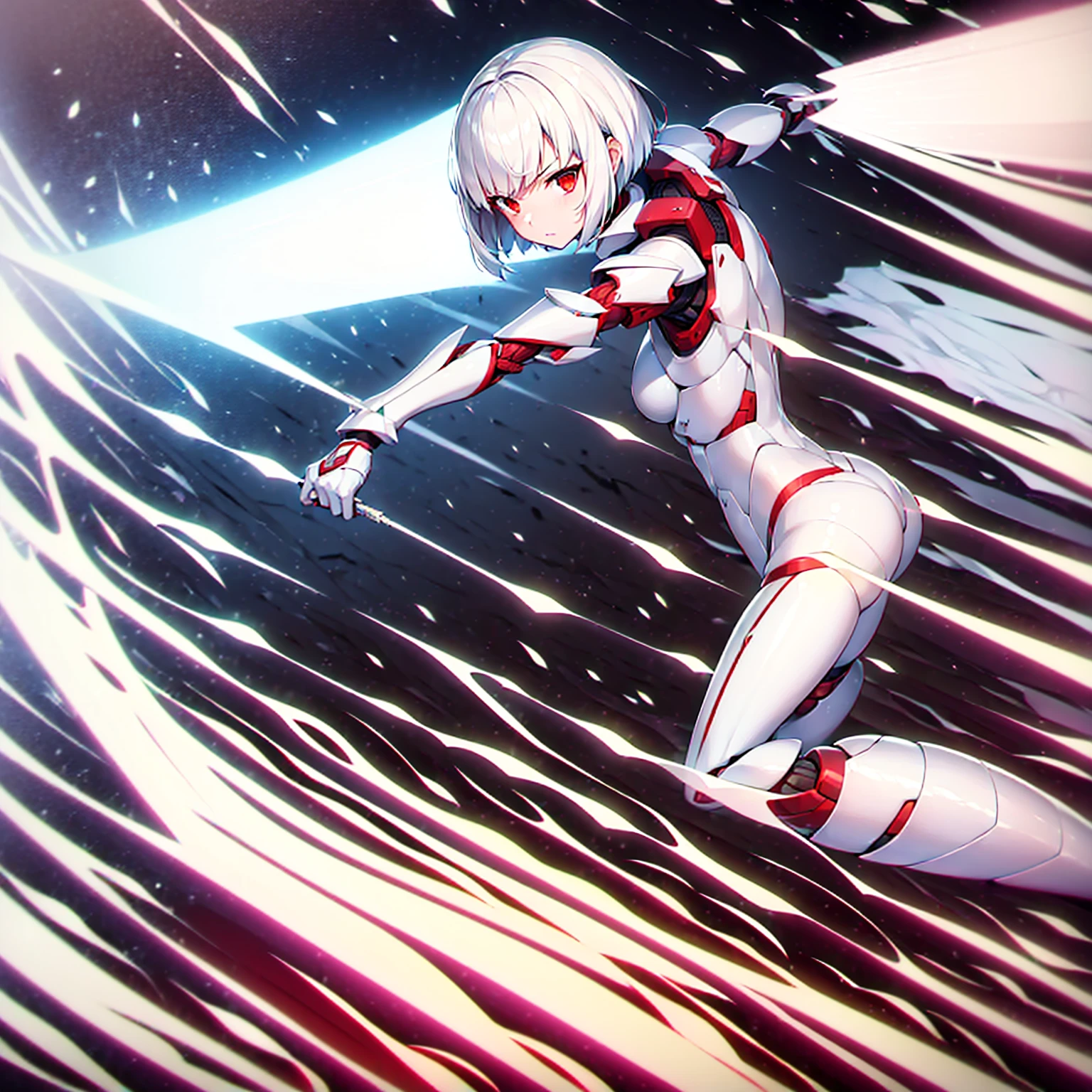 (girl)(white short hair)(red eyes)(Driving exoskeleton armor)(Cool battle scenes)(The blade flickers)(Fierce clash of weapons)(Injuried)(battle Mask)(In the hail of bullets)(in combat)(night)4K