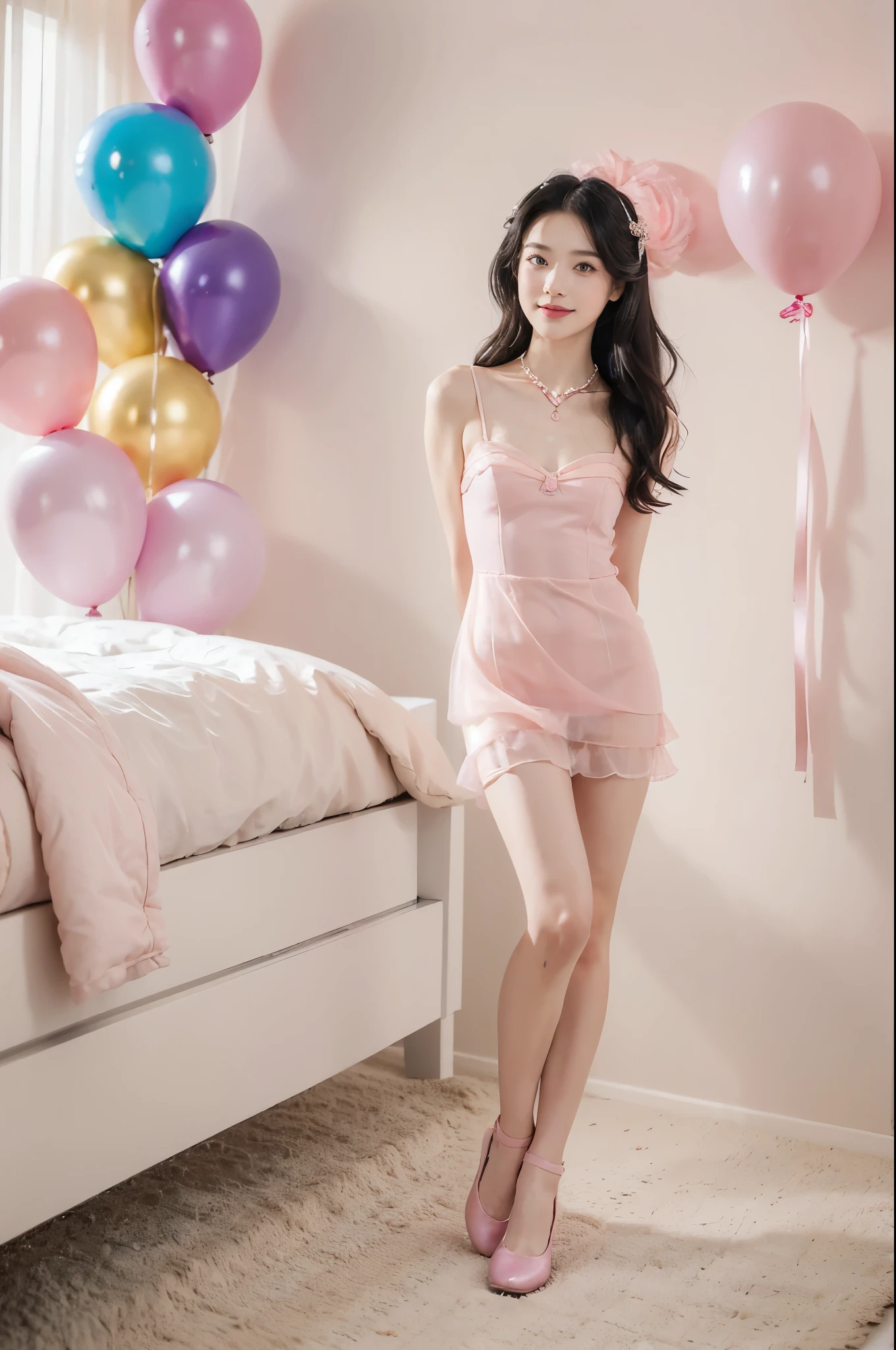 (((best quality))),(((ultra detailed))),(((masterpiece))),illustration,((1girl,solo)),(shoulder-length straight bob:0.8),(black hair:1.3),((bright eyes,flawless skin)),((slim,thin)),((small breasts,flat chest)),(dog collar with a bell:1.2),(pink sheer dress:1.3),(slender legs:1.2),(loafers:1.2),sweetheart neckline,innocent yet alluring,(In a pink princess theme bedroom:1.3),(standing:1.3),(arms behind back:1.3),(colorful gift box:1.3),wonderful expression,big bows,festive atmosphere,balloons and streamers,sunlight streaming in,radiant smile,anticipation,joy and excitement,capturing a moment of pure happiness,((from front,full body))