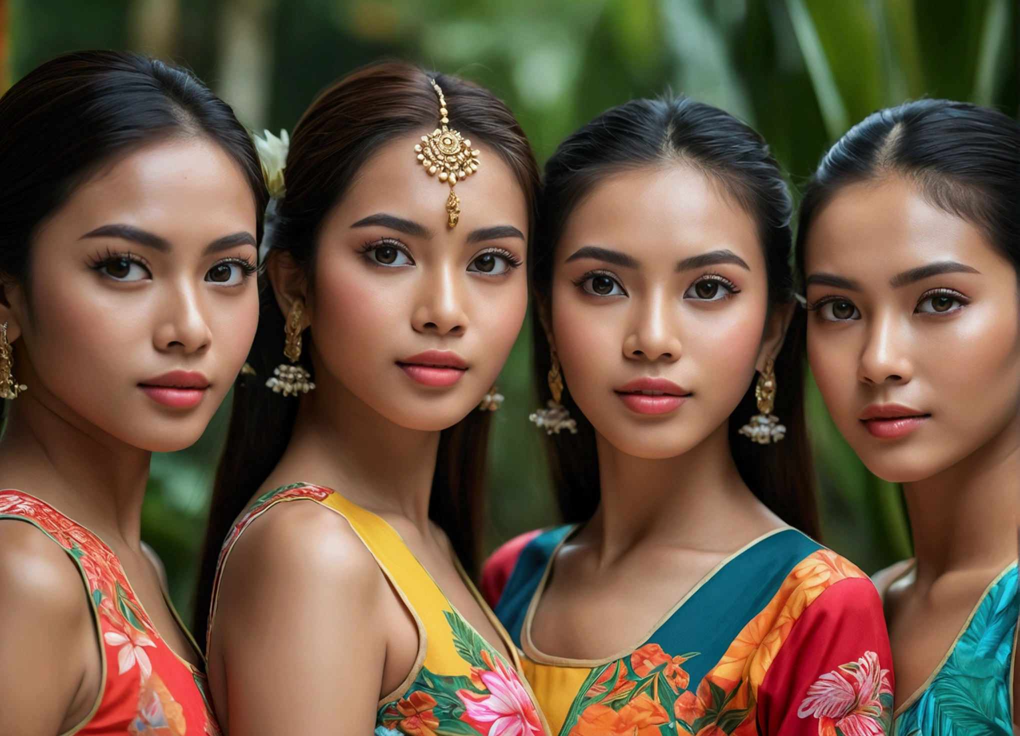 6 beautiful Malaysia girls, beautiful detailed eyes, beautiful detailed lips, extremely detailed eyes and face, long eyelashes, athletic athletic bodies, colorful traditional Malaysia dresses, tropical garden background, (best quality,4k,8k,highres,masterpiece:1.2),ultra-detailed,(realistic,photorealistic,photo-realistic:1.37),vibrant colors,natural lighting,cinematic composition,intricate details,highly detailed facial features